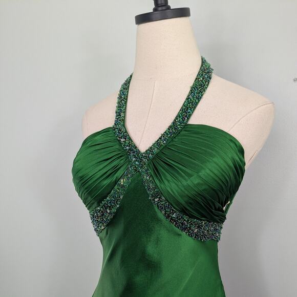 Cache Prom Dress Midi Gown 2 Green Silk Vintage Y2K Glam Bead Holiday Halter - Picture 3 of 14